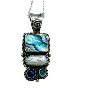 Sterling Silver 925 Abalone Shell Pearl Pendant Necklace Stacked Beach Statement